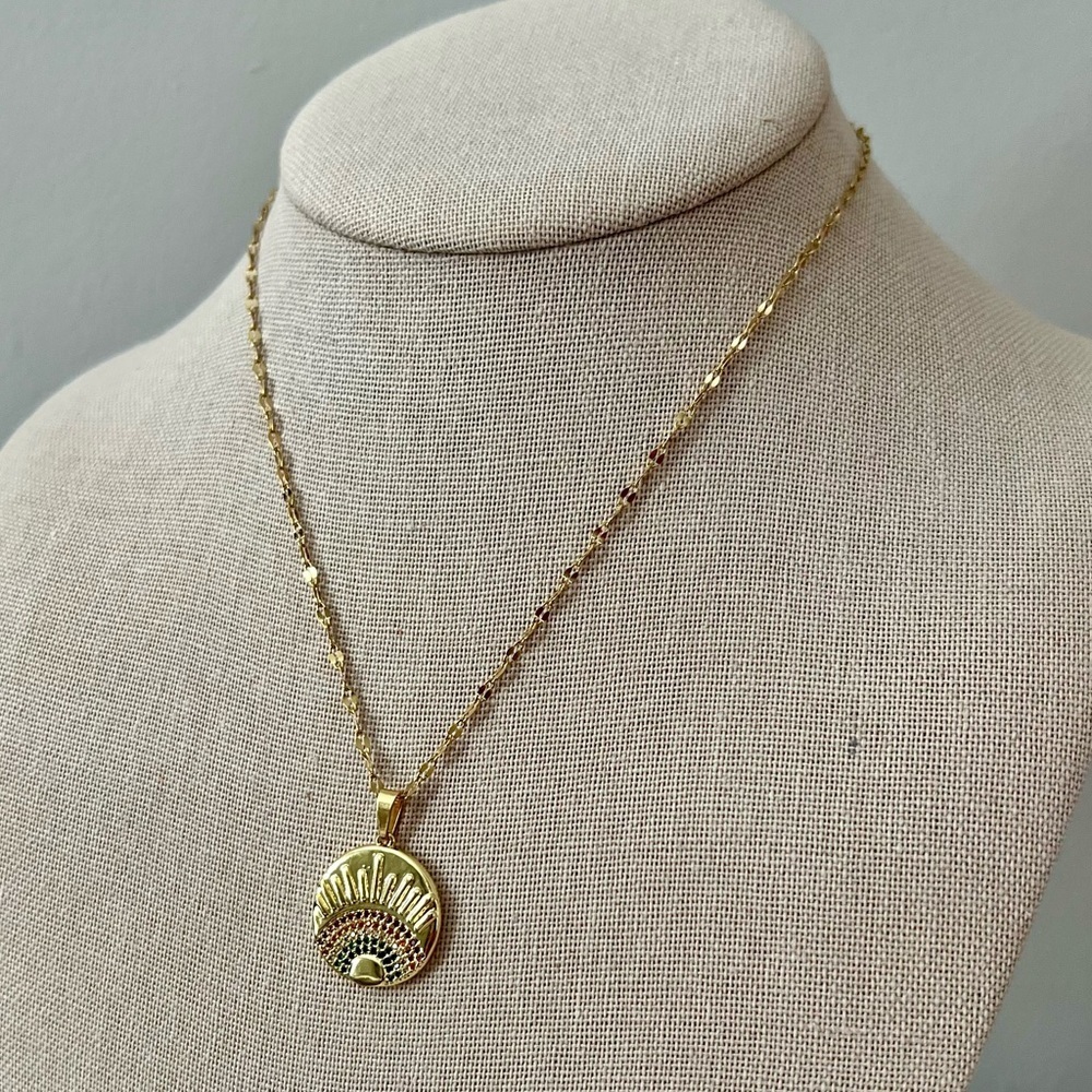 Gold Chain Necklace with Crystal Rainbow Coin Artisan Pendant Boho